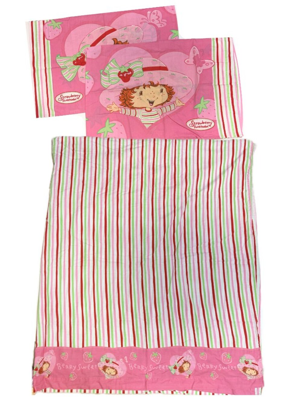 Strawberry Shortcake Full Flat bed sheet and 2 Pillowcases Fabric Vintage